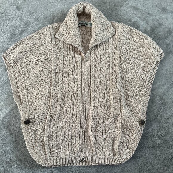 Aran Crafts Ireland 100% Merino Wool Cream Poncho Sweater Knit Medium Large - Picture 1 of 6